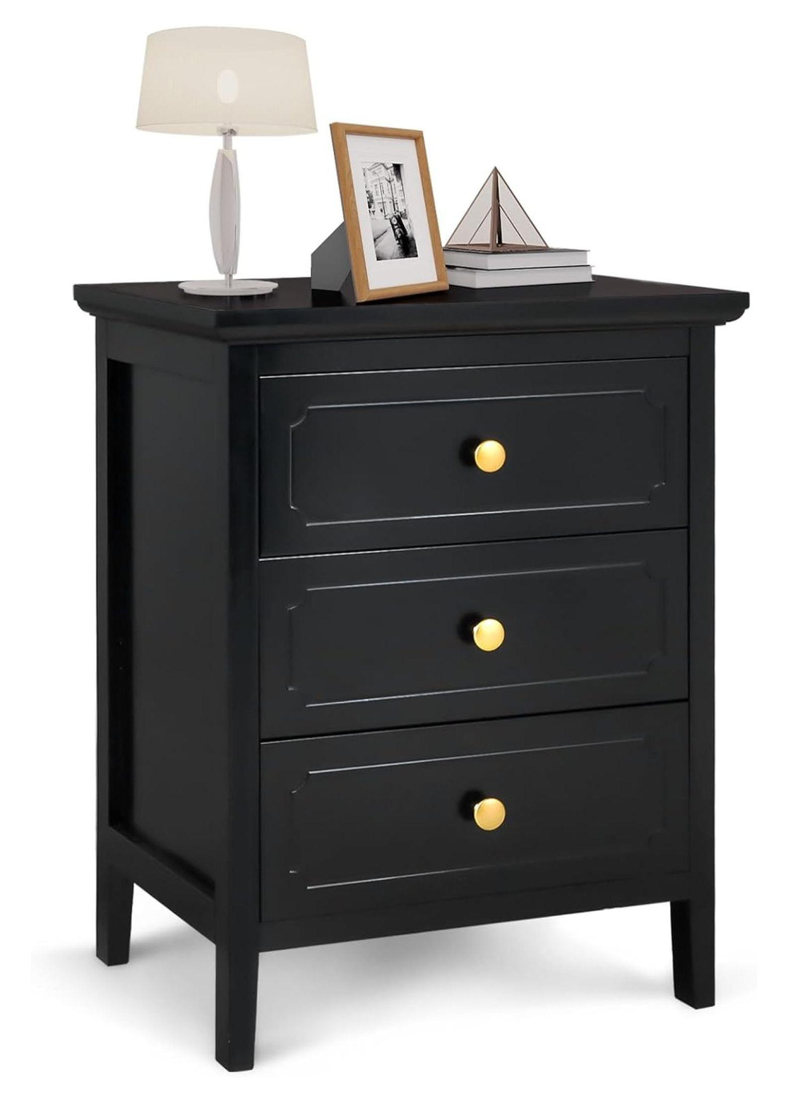 3 Drawer Nightstand Black Large Night Stands with Drawer 19 Inch Modern Bedside Table for Bedrooms Wooden