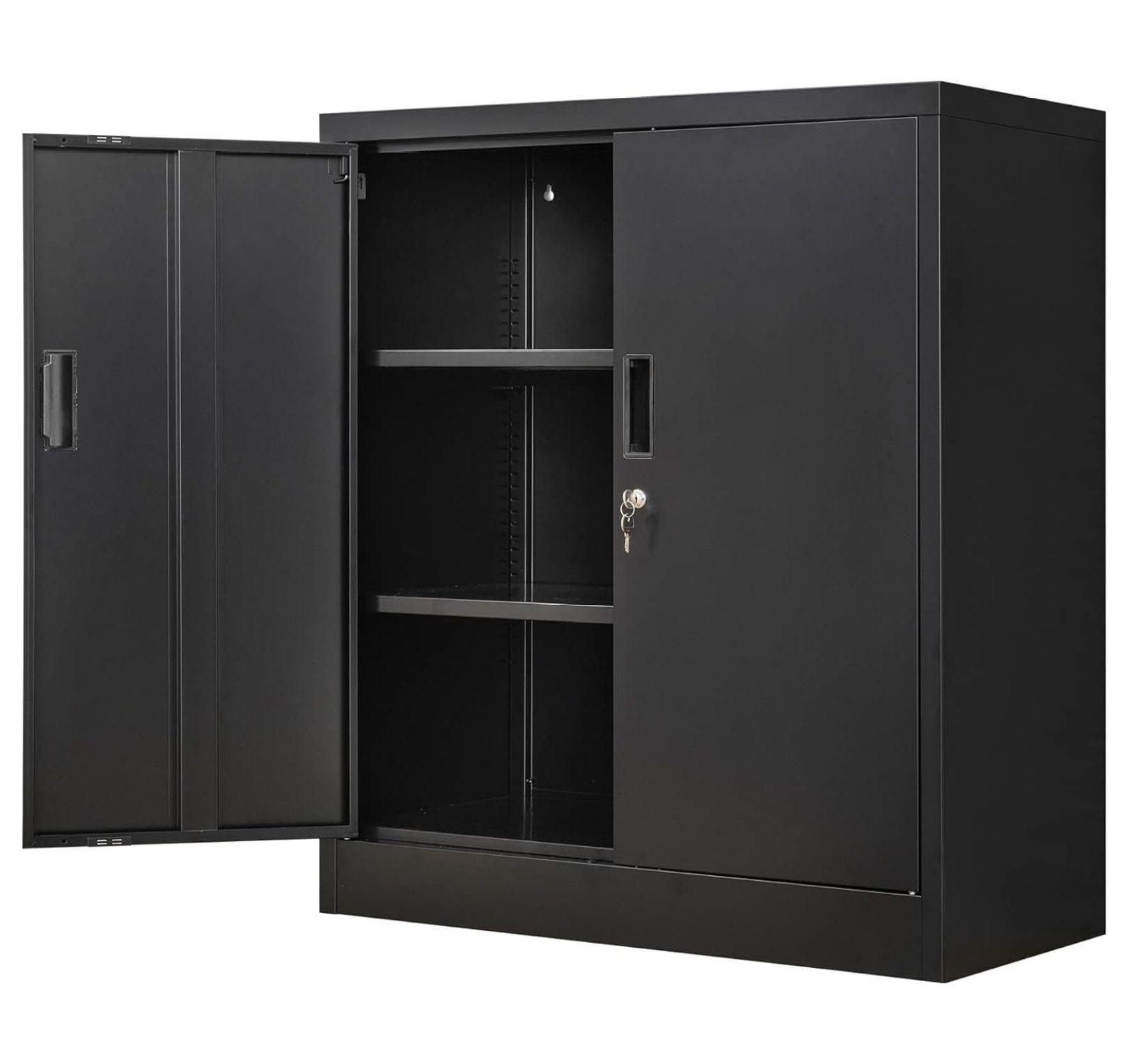 Metal Storage Cabinets with Shelves and Doors, Steel Locking Storage Cabinet for Home Office, Garage, Utility Room and Basement, 36.2" H x 31.5" W x 15.7" D (Black)