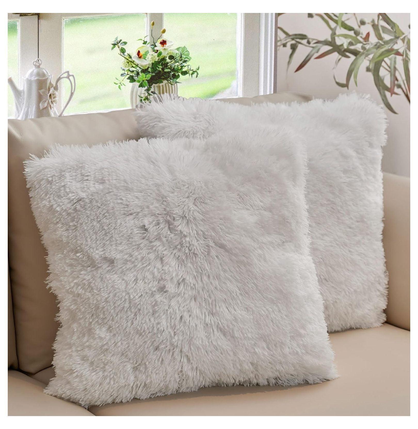 White Faux Fur Square Throw Pillow Set