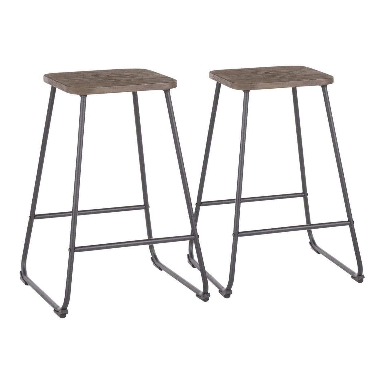 LumiSource Set of 2 Zac Industrial Counter Height Barstools Espresso: Metal Frame, Square Seat, Fixed 24" Height