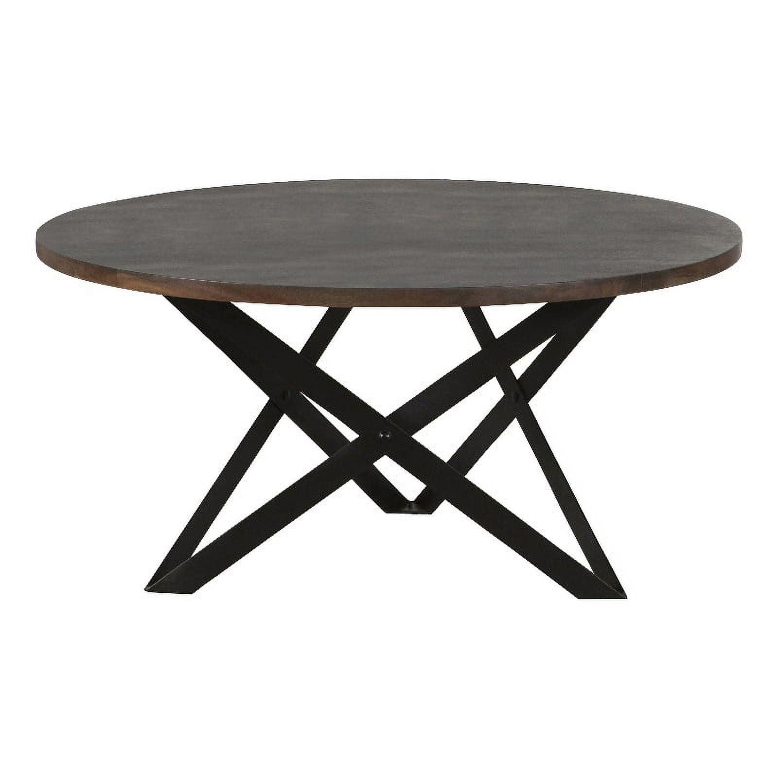 Round Brown Wood and Metal Coffee Table with Intersecting Base