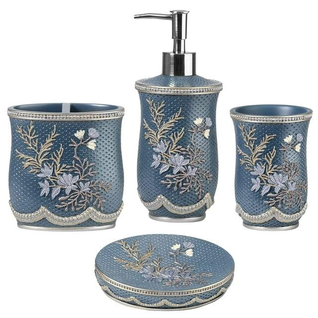 Zahari Home 4pc Capri Bathroom Accessories Sets Modern Classic Soap Dispenser, Tumbler, Tooth Brush Holder and Soap Dish Holder Unique Design Royal Blue Bathroom Set