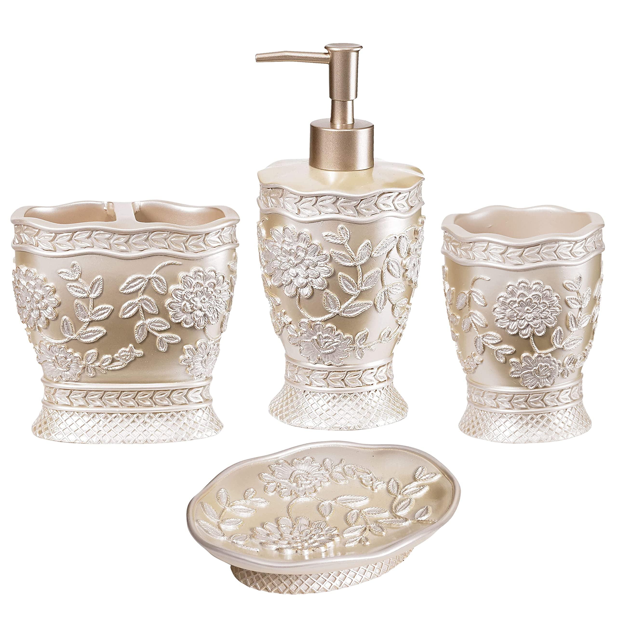 Zahari Home 4pc Rose Vine Bathroom Accessories Sets Lotion Pump, Tumbler, Tooth Brush Holder and Soap Dish Unique Design Beige Bathroom Set