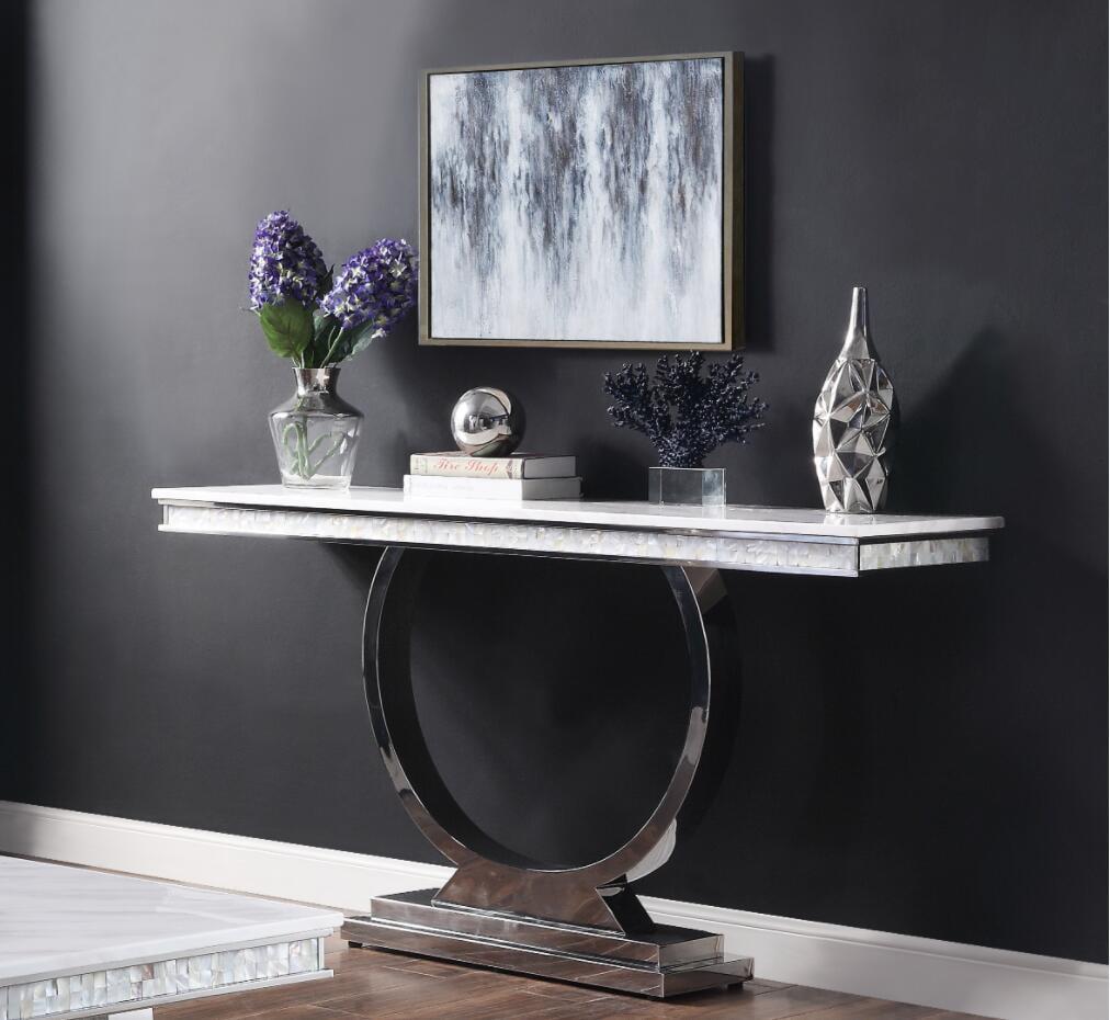 65'' Zander Modern Glamour Sofa Table with White Faux Marble and Mirrored Silver Finish
