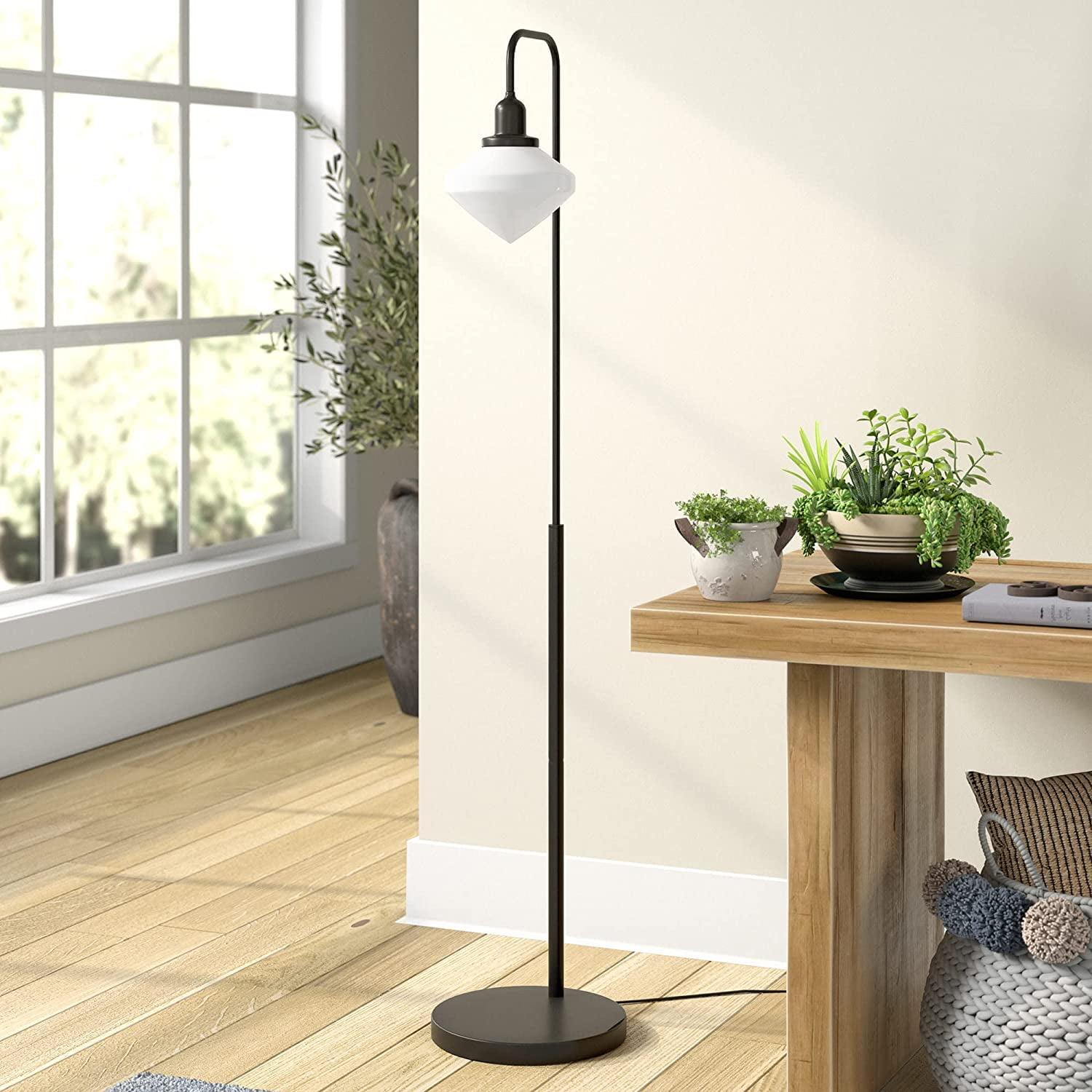 Zariza 62" Arc Floor Lamp with Blackened Bronze Base & White Milk Glass Shade