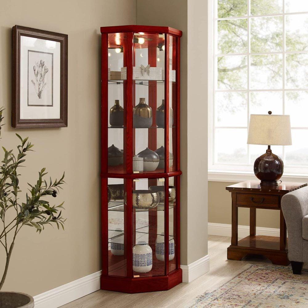 6 Shelf Lighted Corner Curio Cabinet With Adjustable Tempered Glass Shelves And Mirror Back, Cherry(E26 Light Bulb Not Included)