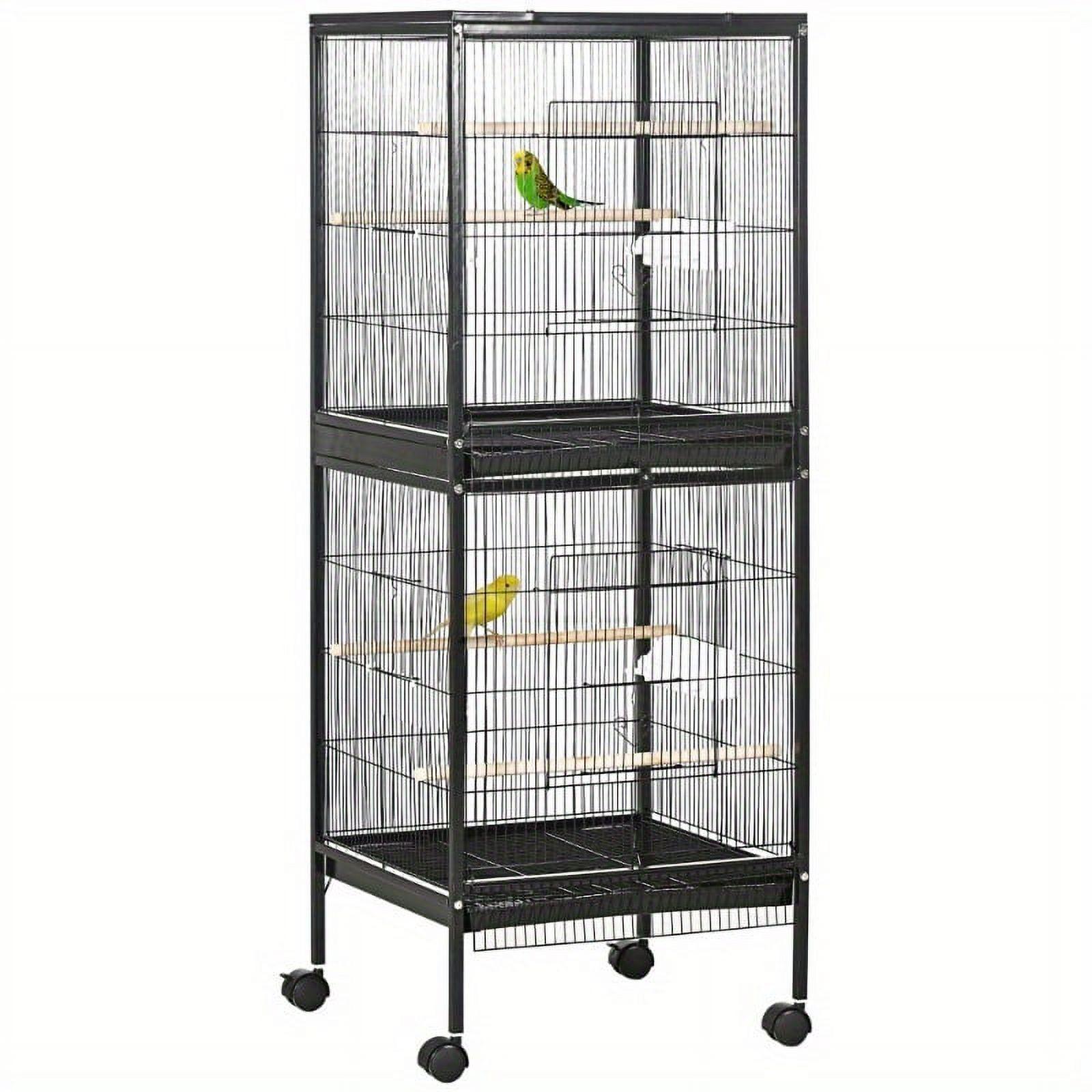 PawHut 55" 2 In 1 Bird Cage Aviary Parakeet House for finches, budgies with Wheels, Slide-out Trays, Wood Perch, Food Containers, Black