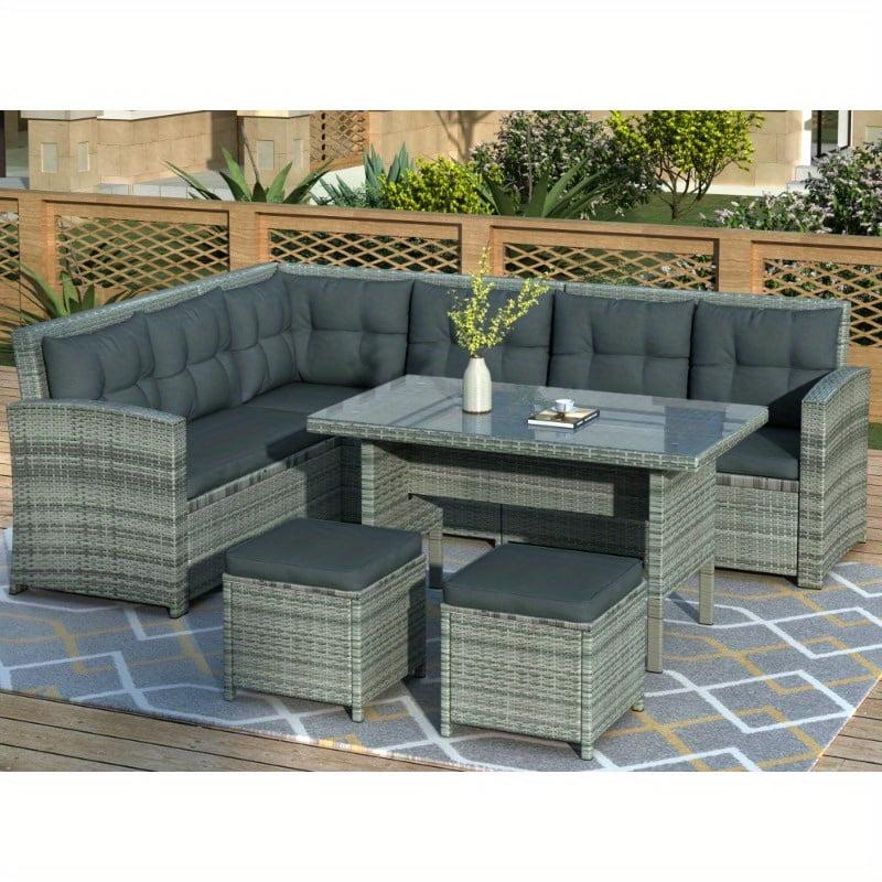 Zateety Lawn (Gray)  6-Piece Patio Furniture Set Outdoor Sectional Sofa with Glass Table，Ottomans for Pool， Backyard