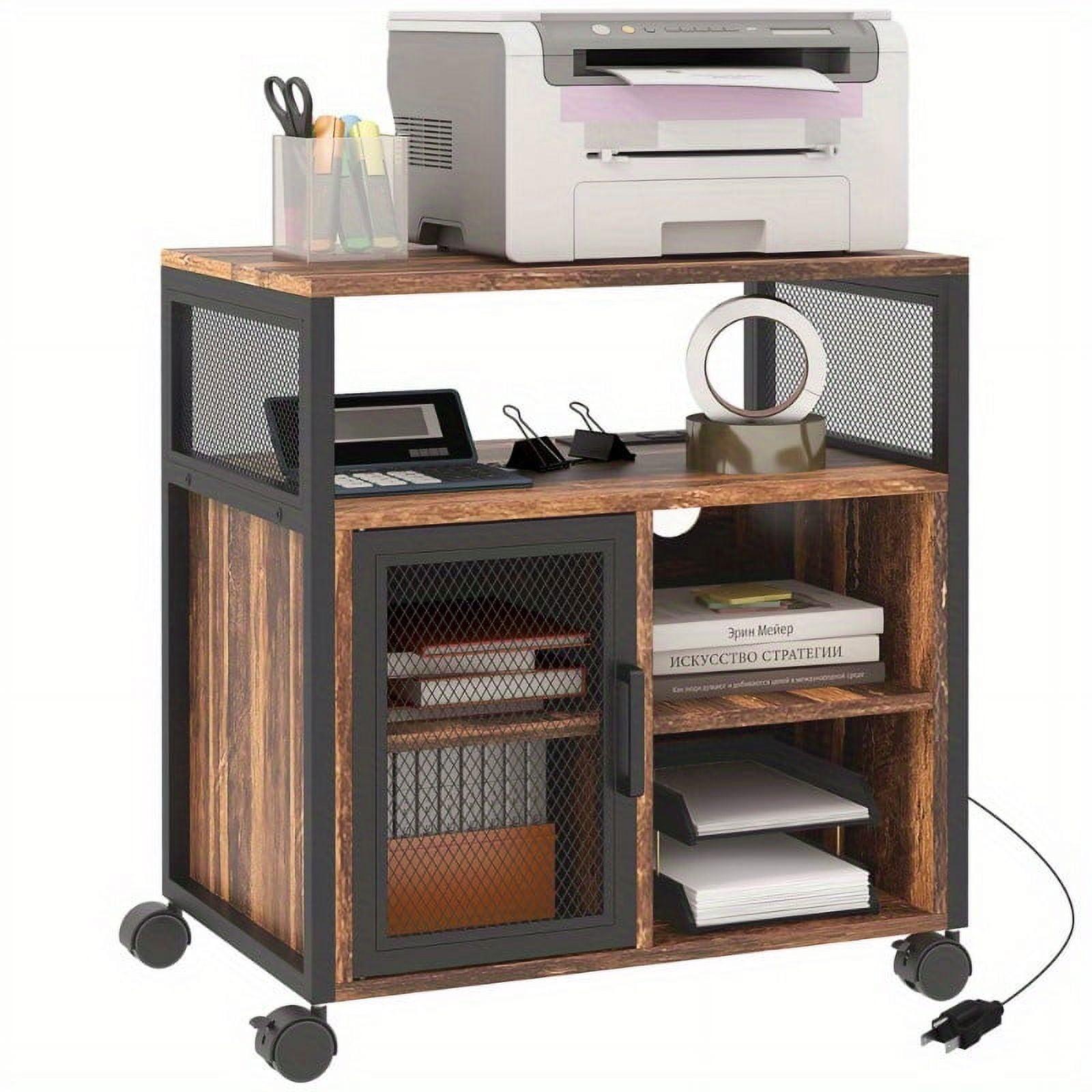 Rustic Brown Mobile Printer Stand with USB Ports and Shelves