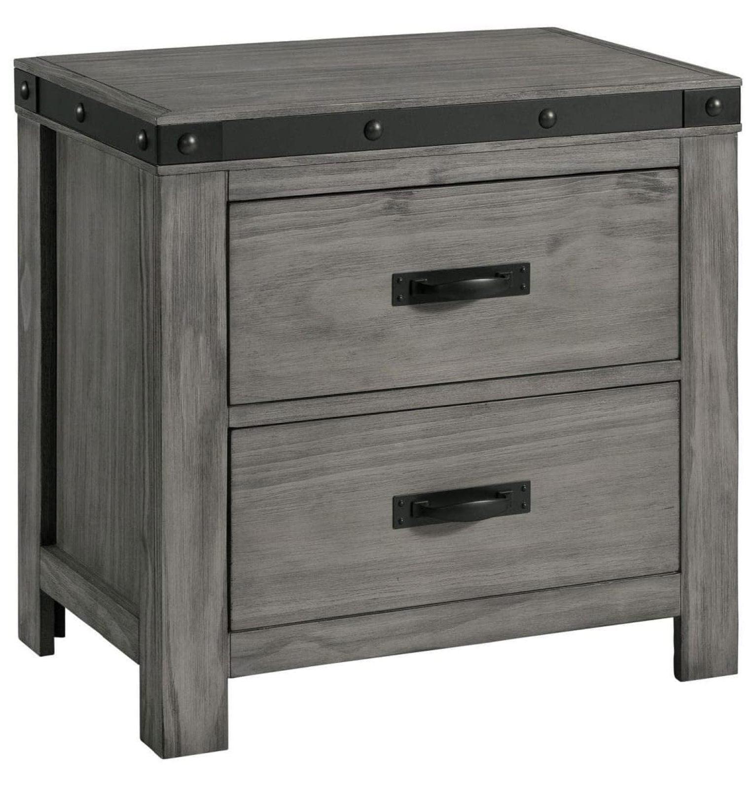 Gray Wood and Metal 2-Drawer Nightstand