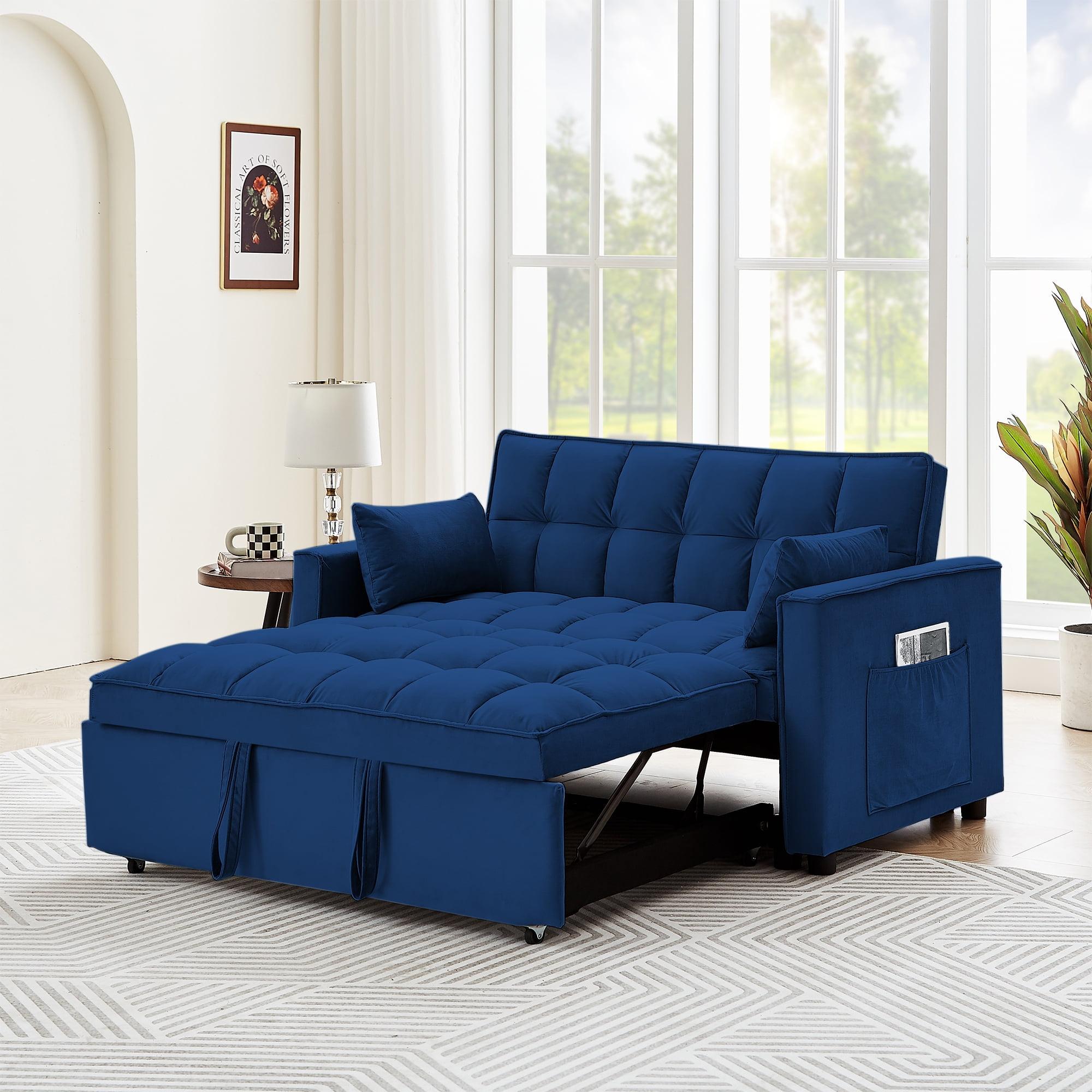 Blue Velvet Tufted Sleeper Sectional with Storage and Track Arms