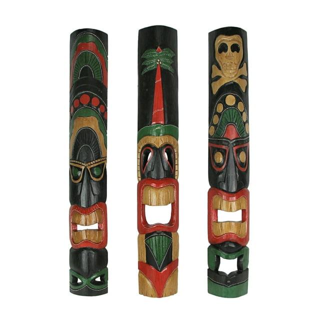 Zeckos 39 inch Wood Carved Tiki Mask Wall Hanging Tropical Decor Set of 3
