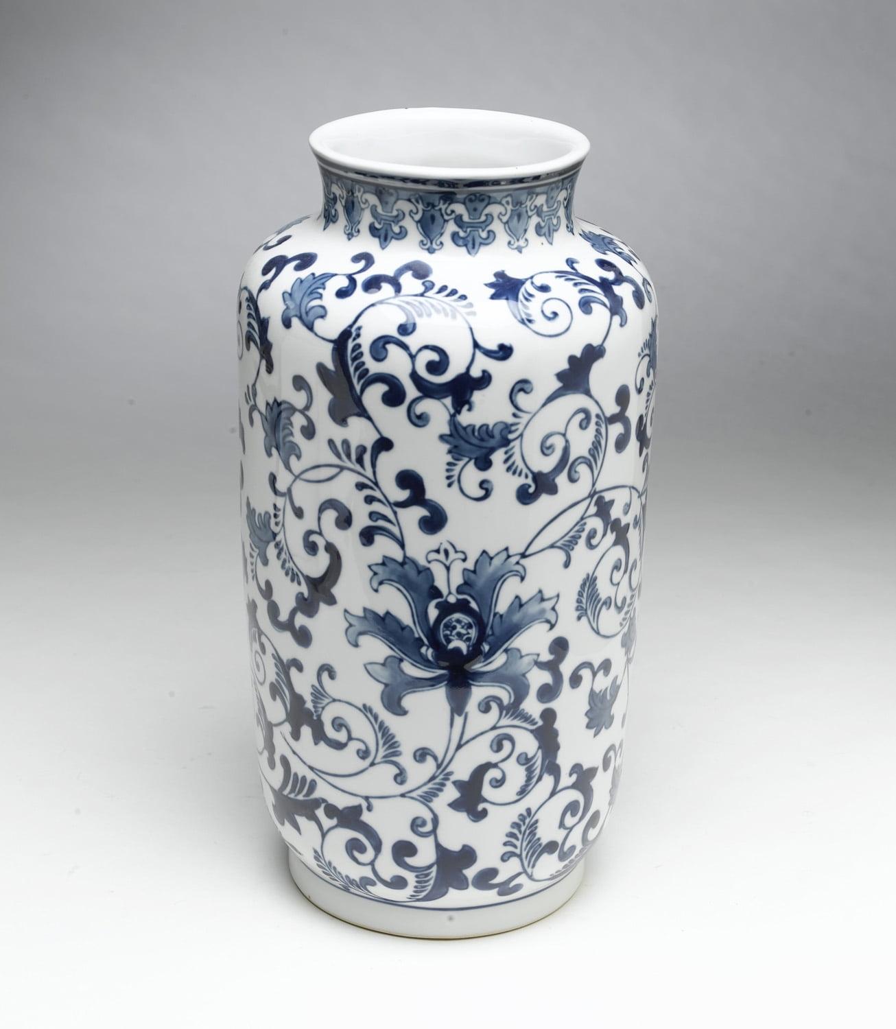 Elegant Porcelain Bouquet Vase in Blue & White with Scrollwork Design