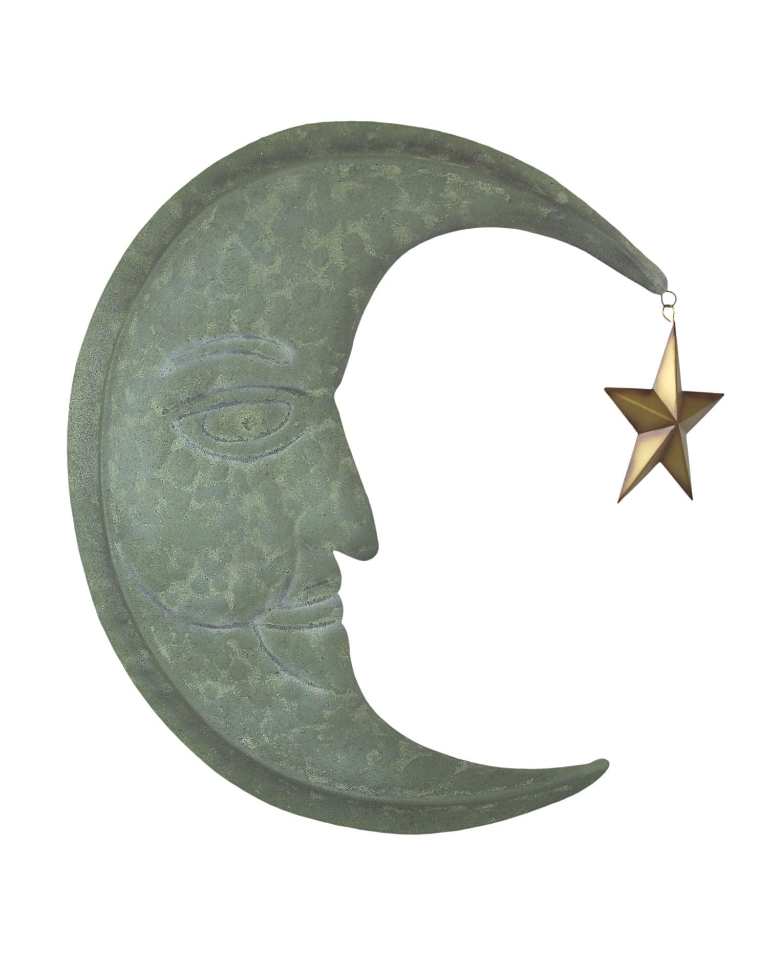 Verdigris Green Metal Crescent Moon Wall Decor with Golden Star