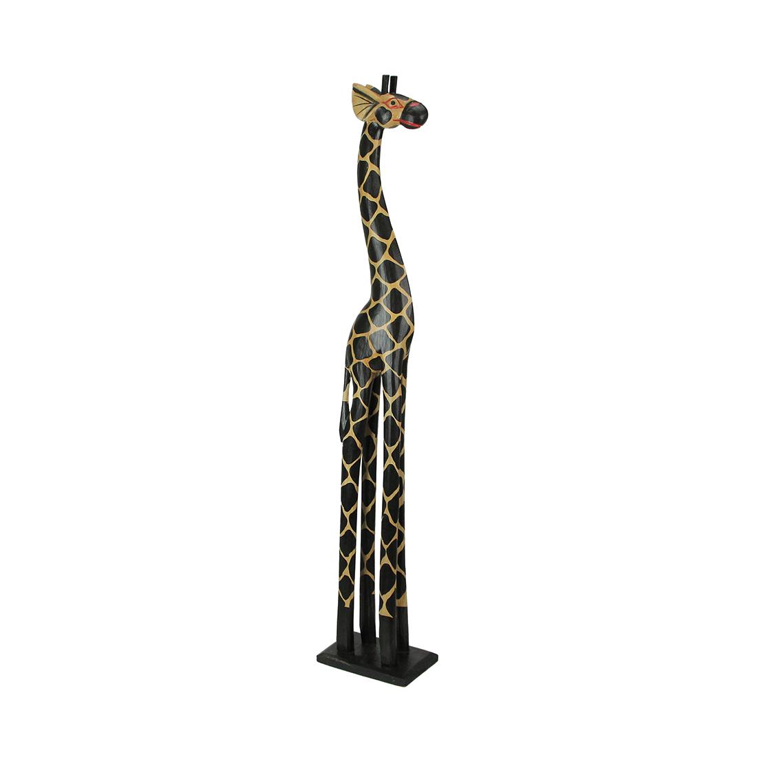 Hand-Carved 36-Inch Tall Black and Beige Wooden Giraffe Statue