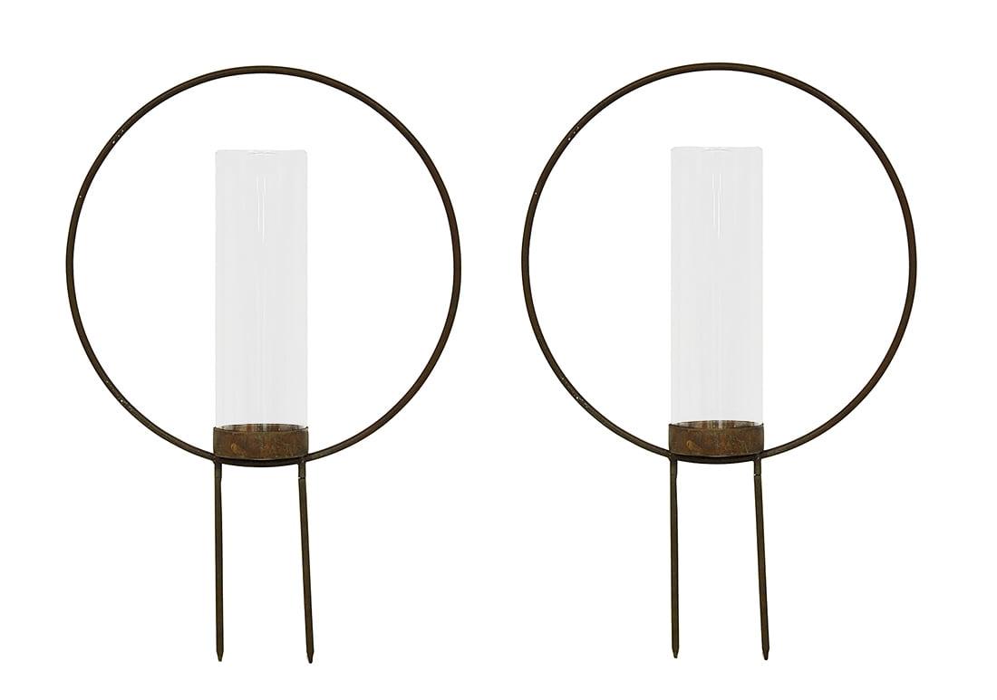 Zeckos Set of 2 Rust Color Metal Hoop Outdoor Ground Candleholders 12 inch