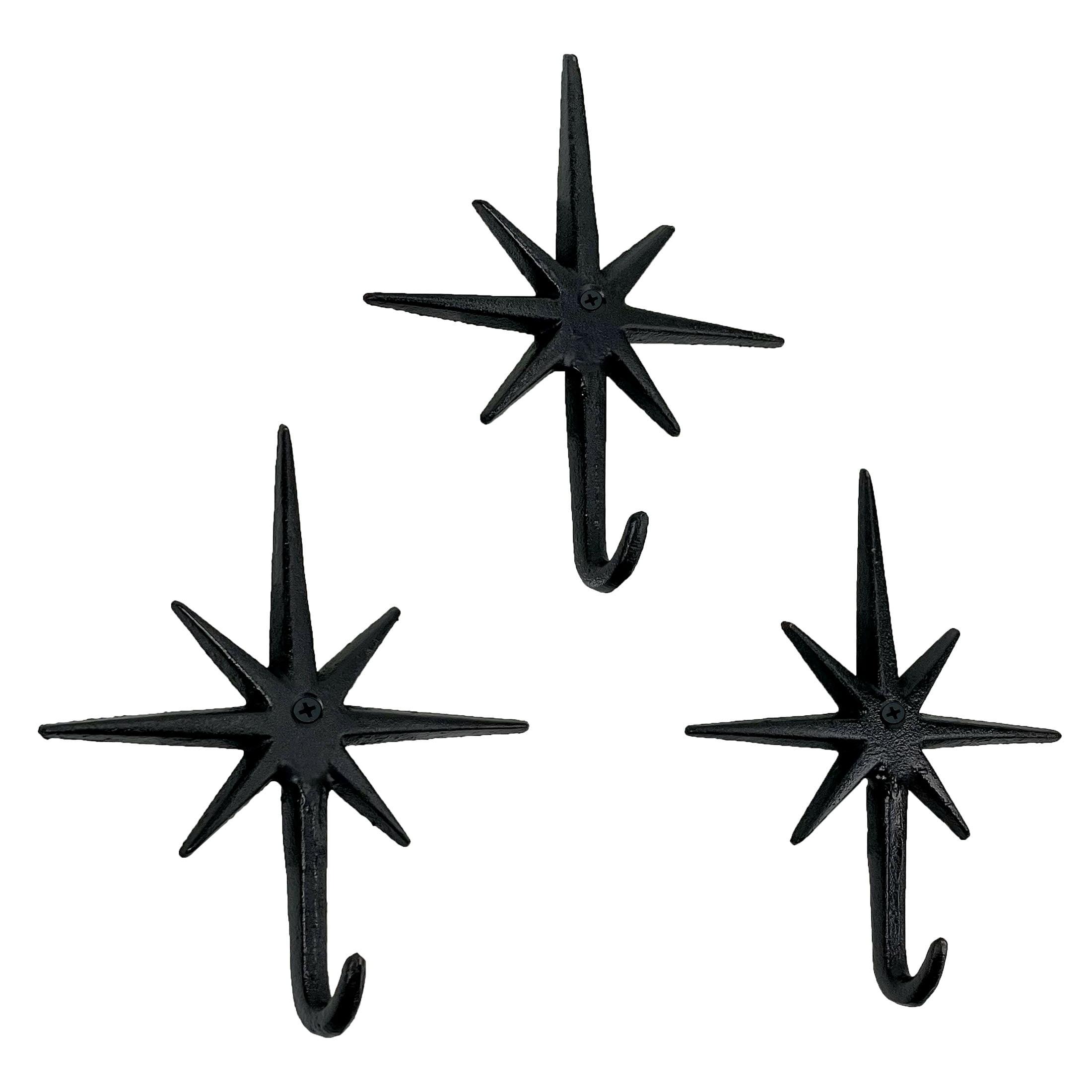 Zeckos Set of 3 Black Finish Cast Iron Atomic Starburst Wall Hooks - Black - Size 6.75 inch