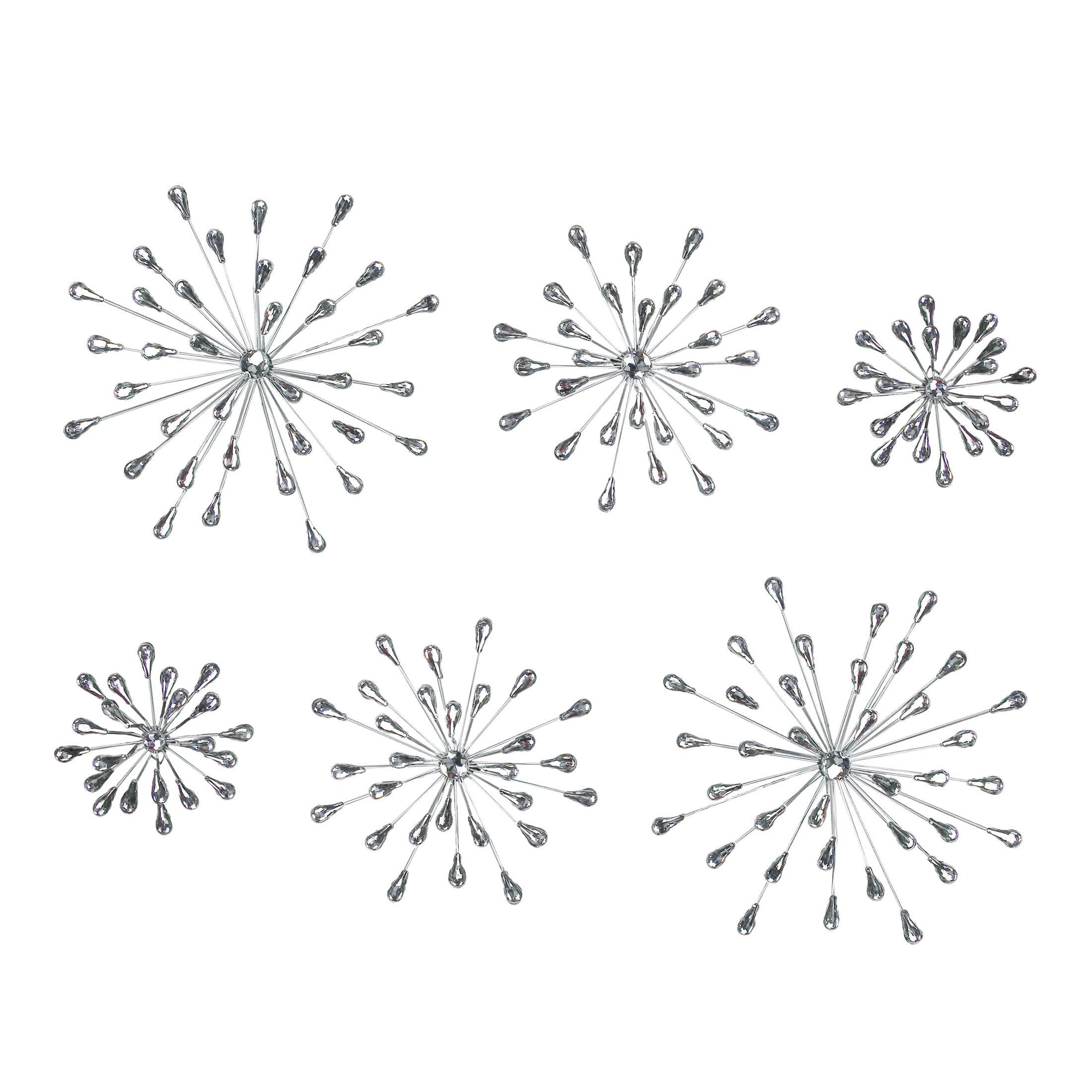 Set of 6 Silver Metal Starburst Wall Sculptures with Crystal Accents