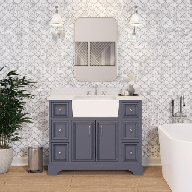 Zelda 42" Farmhouse Bathroom Vanity with Powder Gray Cabinet and Quartz Top