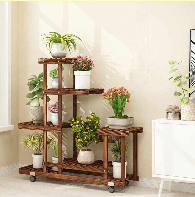 fliptradeinc 6 Tier Multi-Tiered Solid Wood Plant Stand with Wheels