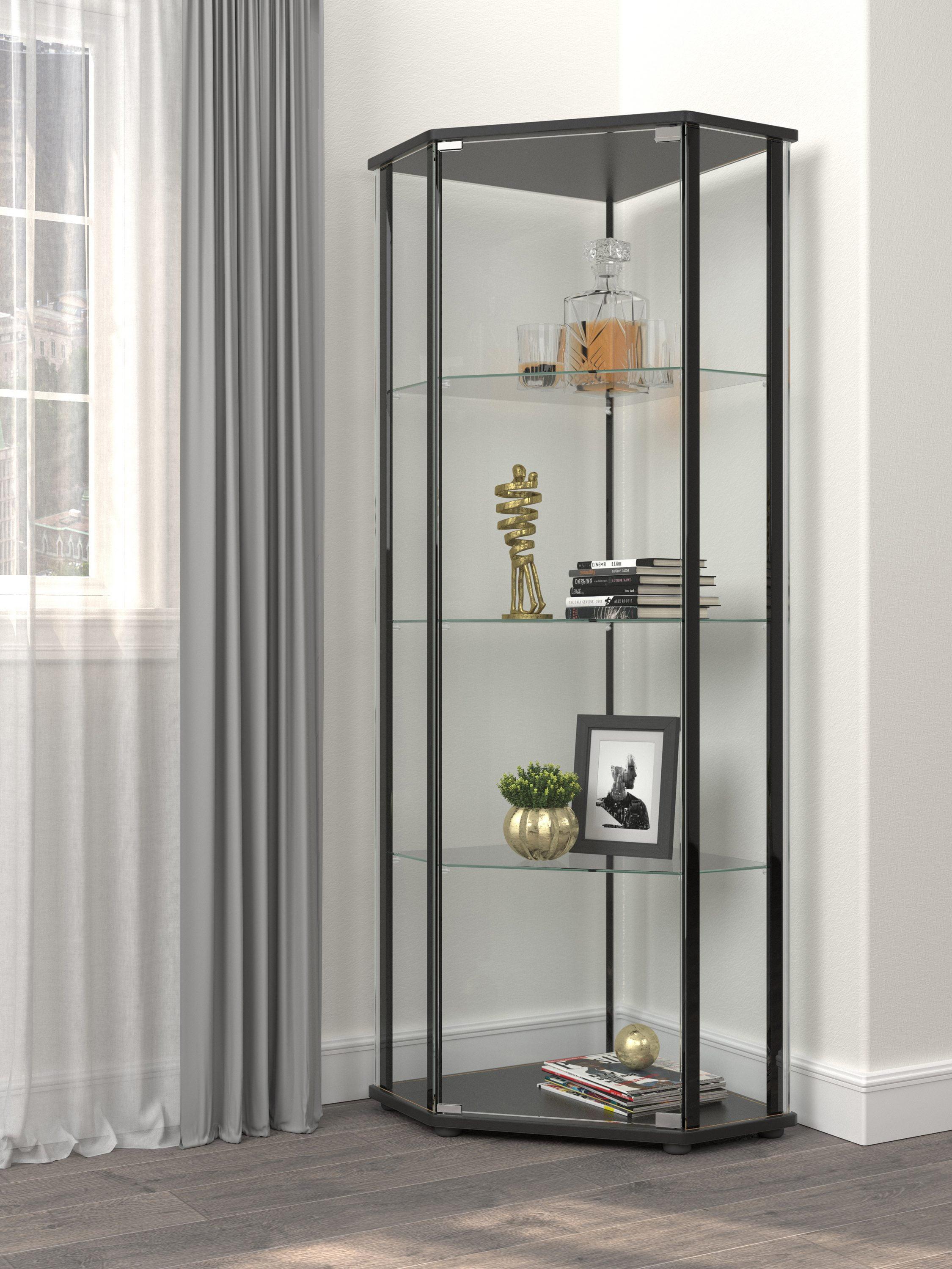 Transitional Black Corner Curio Cabinet with Chrome Accents