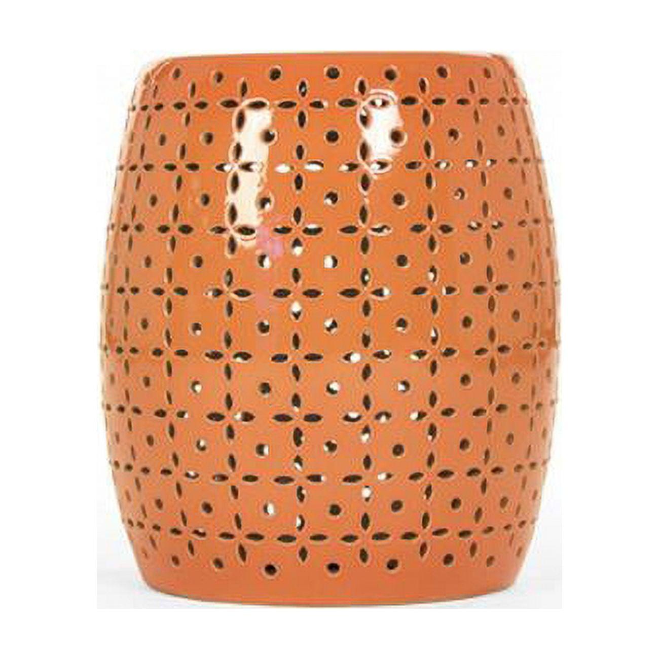 Ornate Embossed Ceramic Garden Stool in Vibrant Orange