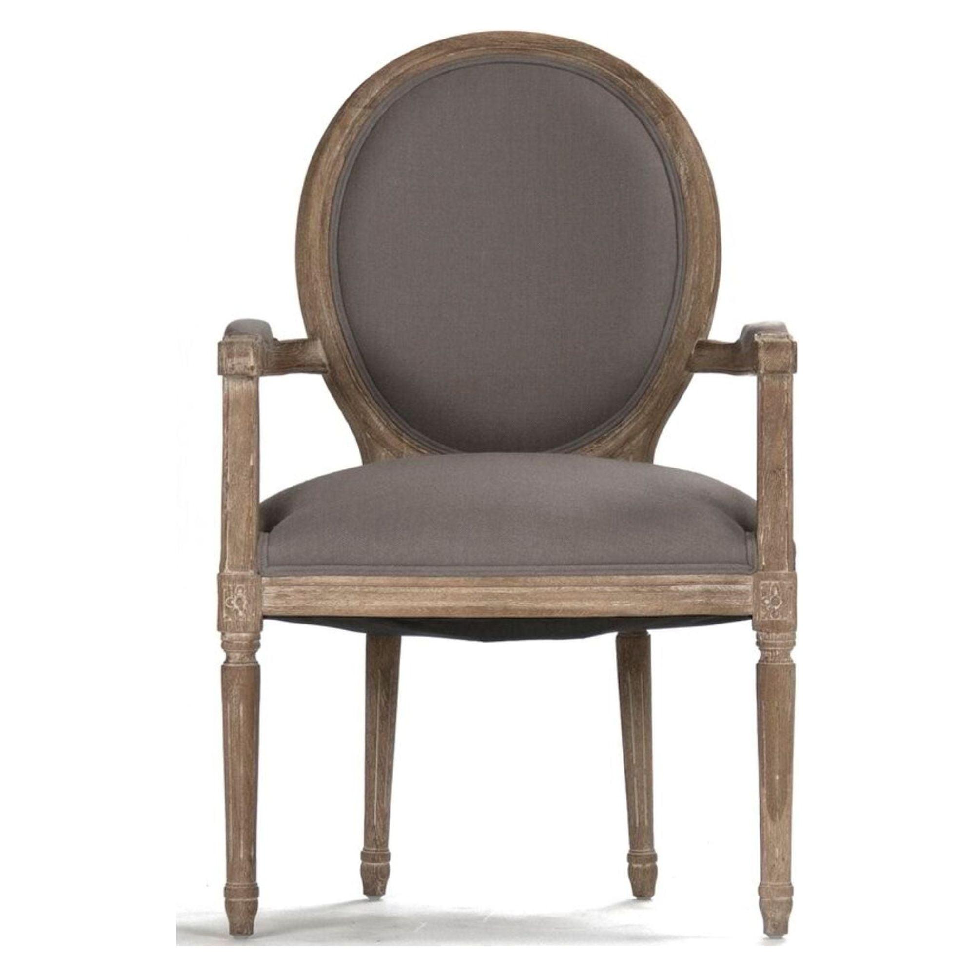 Contemporary Floral Gray Linen & Oak Armchair with Curved Frame