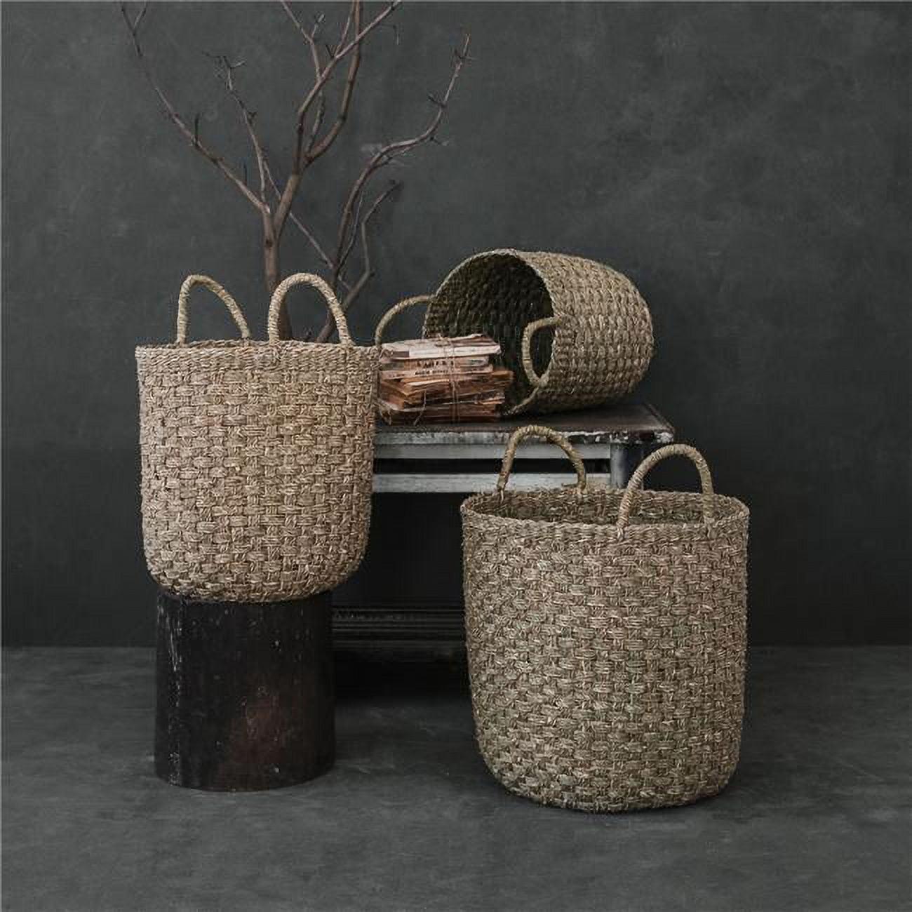 Handwoven Cylindrical Seagrass Storage Basket with Handles - Medium