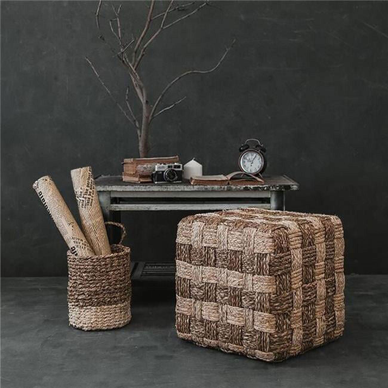 Handwoven Brown and Beige Seagrass Square Pouf