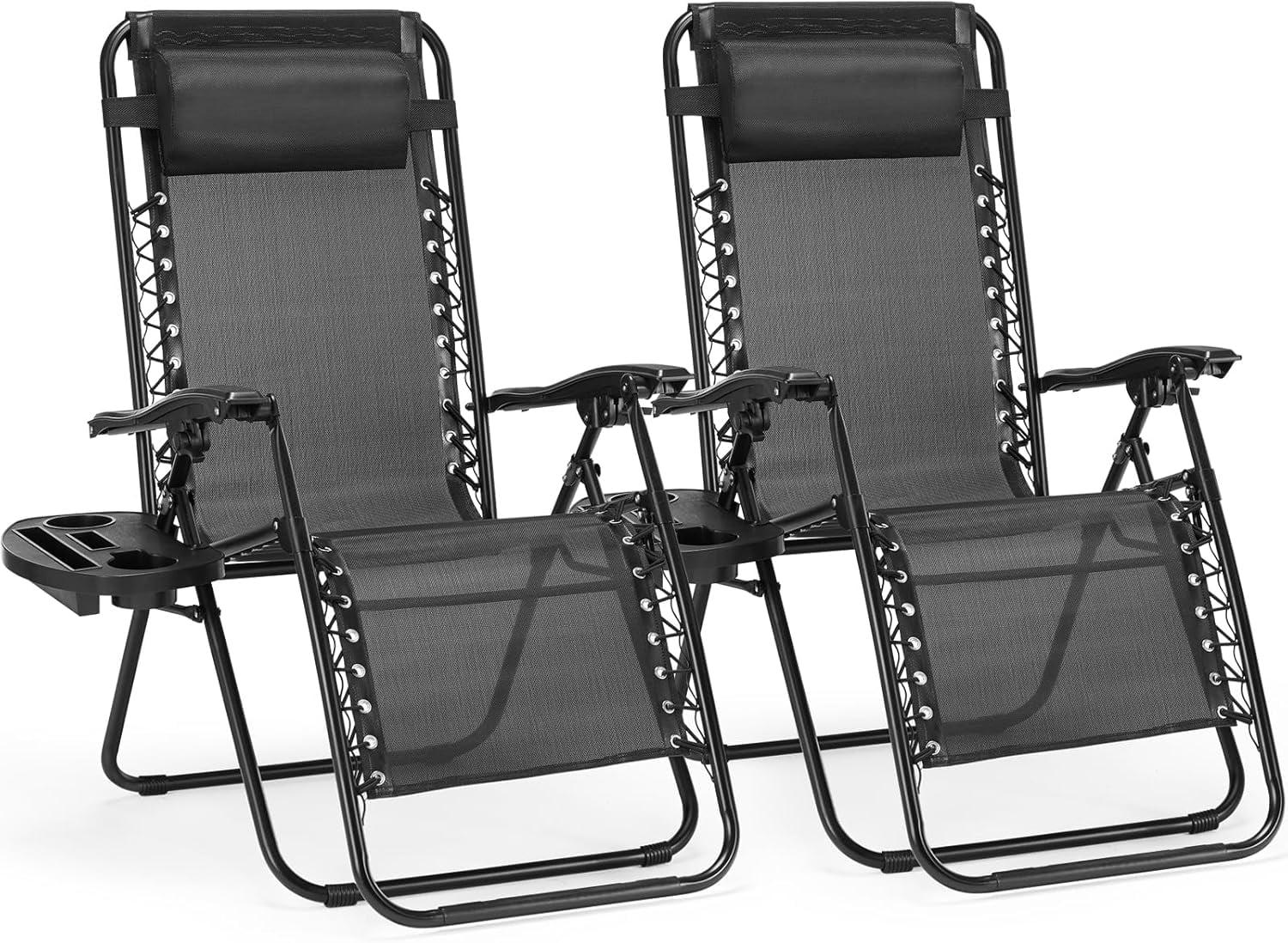 Zero Gravity Chairs Set of 2, Folding Lounge Chairs with Cup Holder Trays, Portable Recliner Beach Camping Patio Outdoor with Adjustable Pillow for Poolside, Garden, Backyard, Lawn