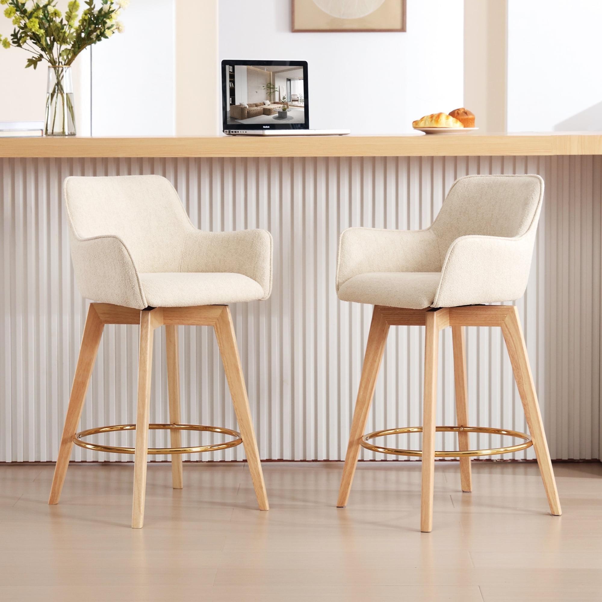 Beige Linen and Natural Wood Swivel Counter Stools, Set of 2