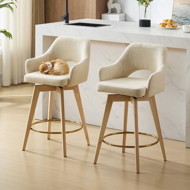 Lovetro Swivel Full Back Arms Upholstered 25.8"H Counter Stool with Solid Rubberwood Frame and Gold Footrest