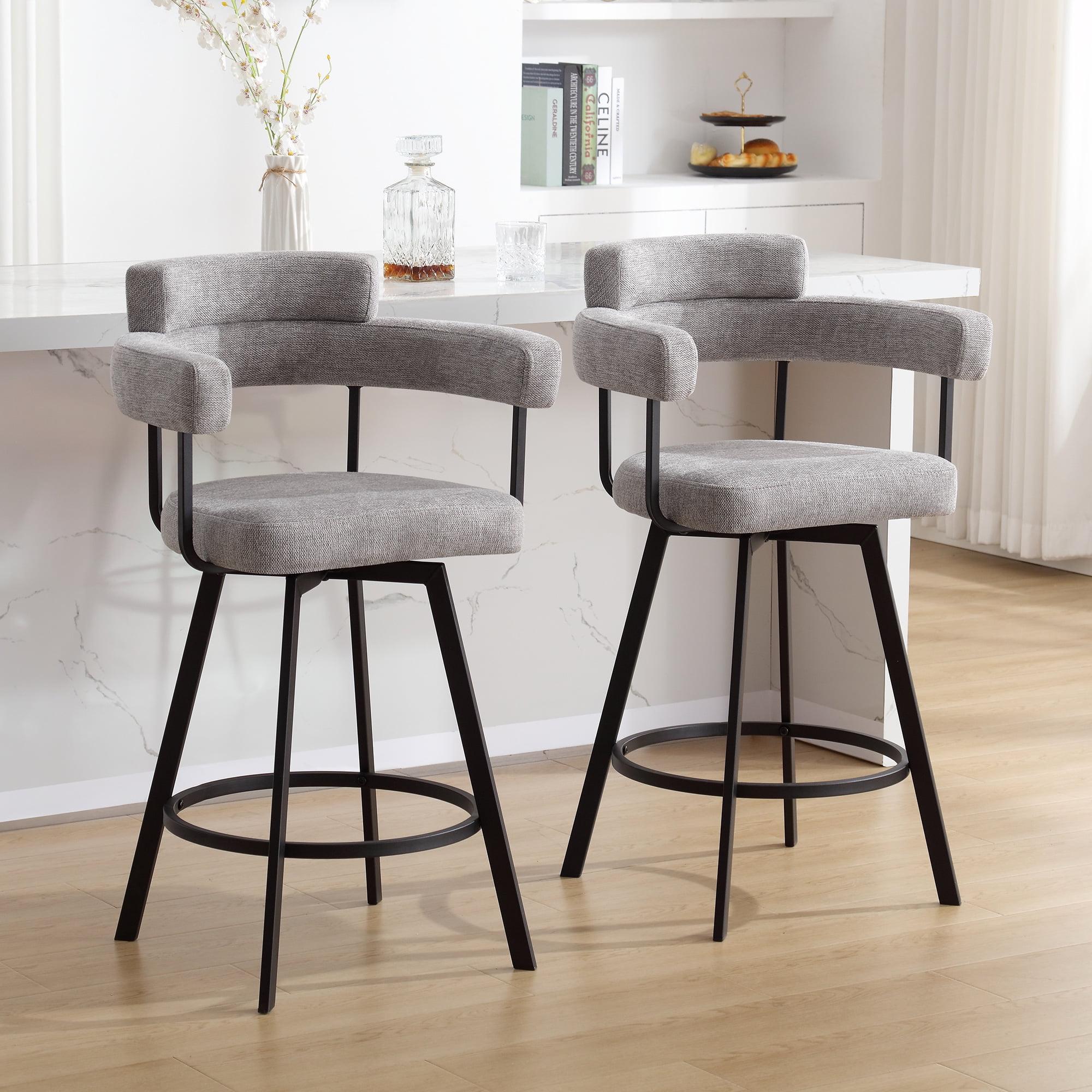 Rabassa Swivel Upholstered 26" Linen Counter Stool with Curved Wing Back and Metal Frame