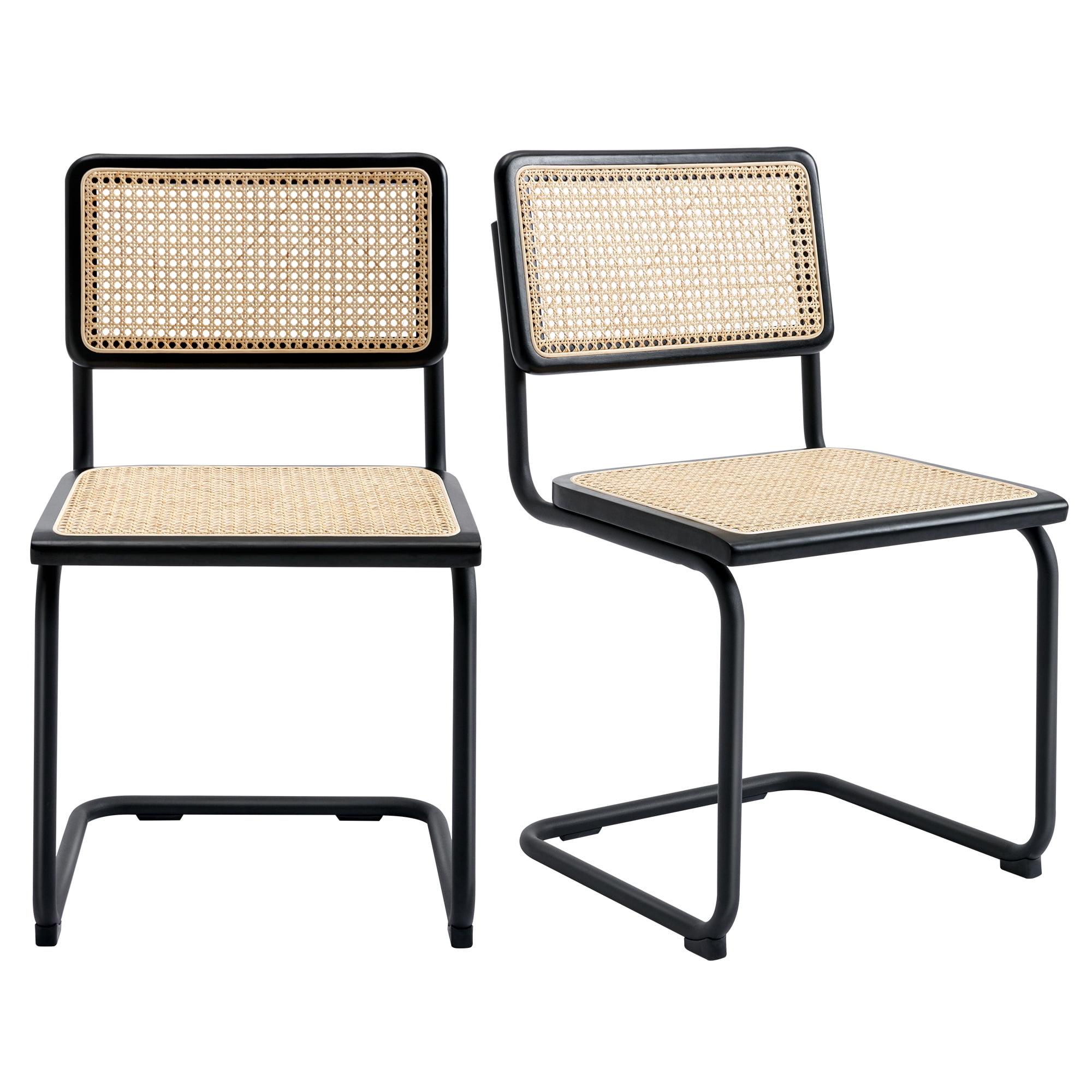 Black Rattan and Cane Upholstered Dining Chairs, Set of 2