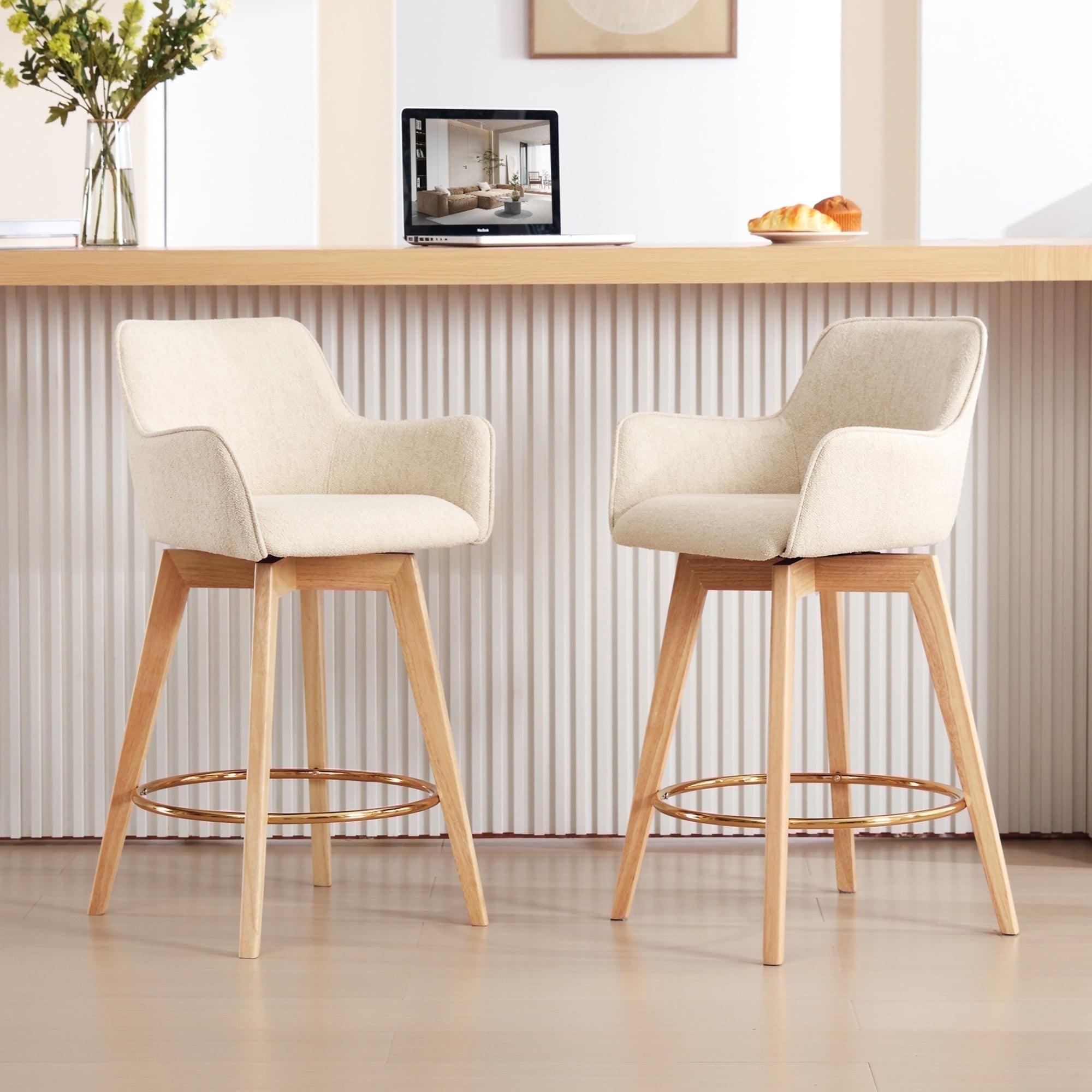 Lovetro Swivel Full Back Arms Upholstered 25.8"H Counter Stool with Solid Rubberwood Frame and Gold Footrest