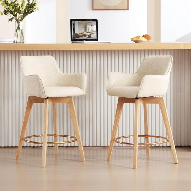 Lovetro Swivel Full Back Arms Upholstered 25.8"H Counter Stool with Solid Rubberwood Frame and Gold Footrest