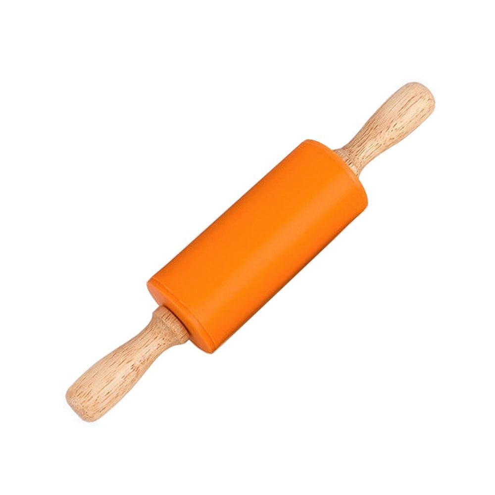 Compact Orange Silicone Rolling Pin with Wooden Handles