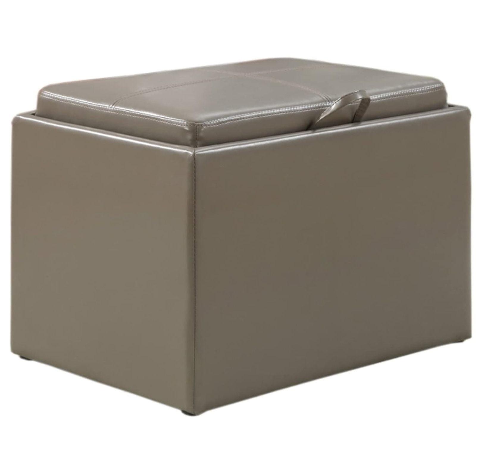 Taupe Gray Faux Leather Storage Ottoman with Reversible Tray