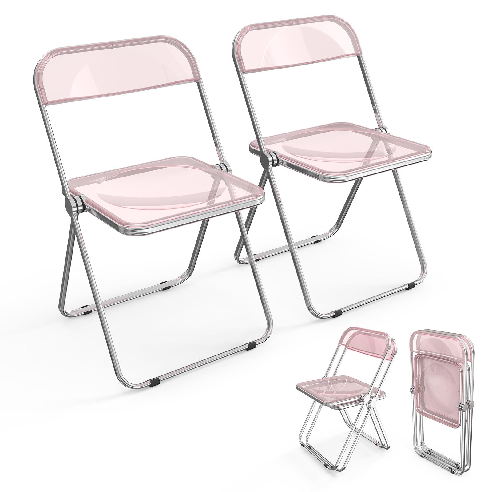 Pink Acrylic Folding Utility Chairs with Metal Frames, Set of 2