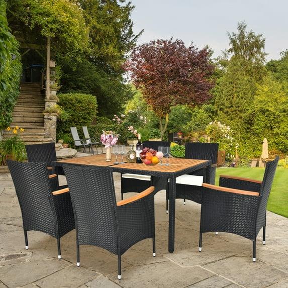 Zimtown 7 Piece Patio Dining Set, Outdoor Patio Conversation Set with Acacia Wood Table Top and Rattan Chairs and Soft Seat Cushions for Deck Backyard Garden, Black