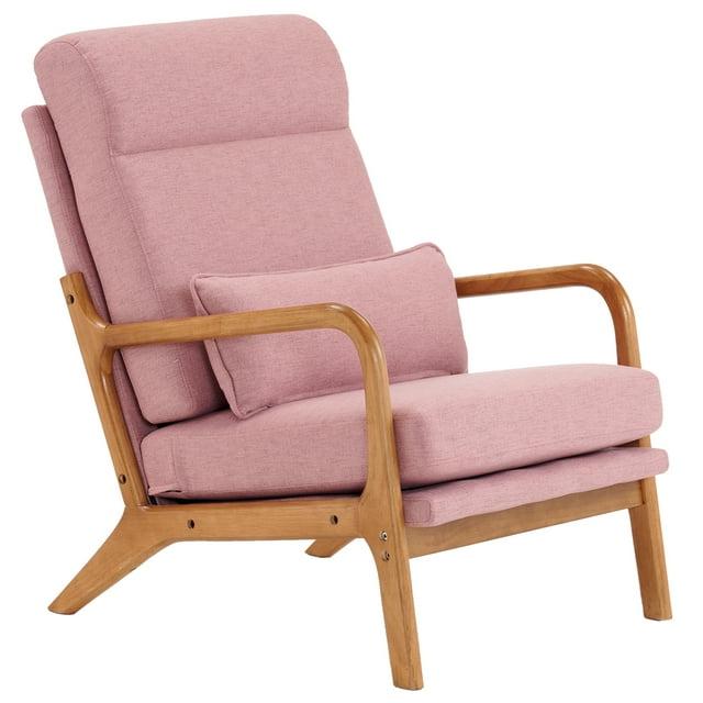 Accent Chair Mid-Century Modern Chair with High Back, Upholstered Lounge Arm Chair with Wood Frame and Soft Cushion for Living Room Bedroom Reading Balcony, Pink