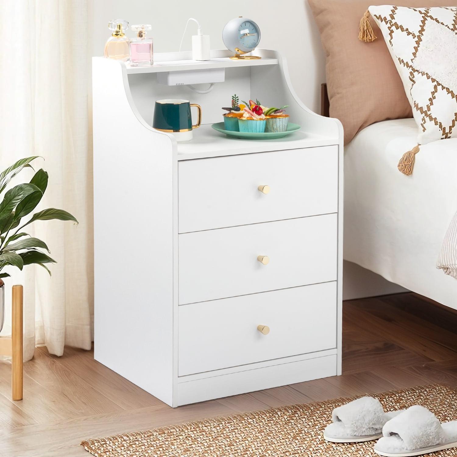 White 3-Drawer Nightstand with Charging Station