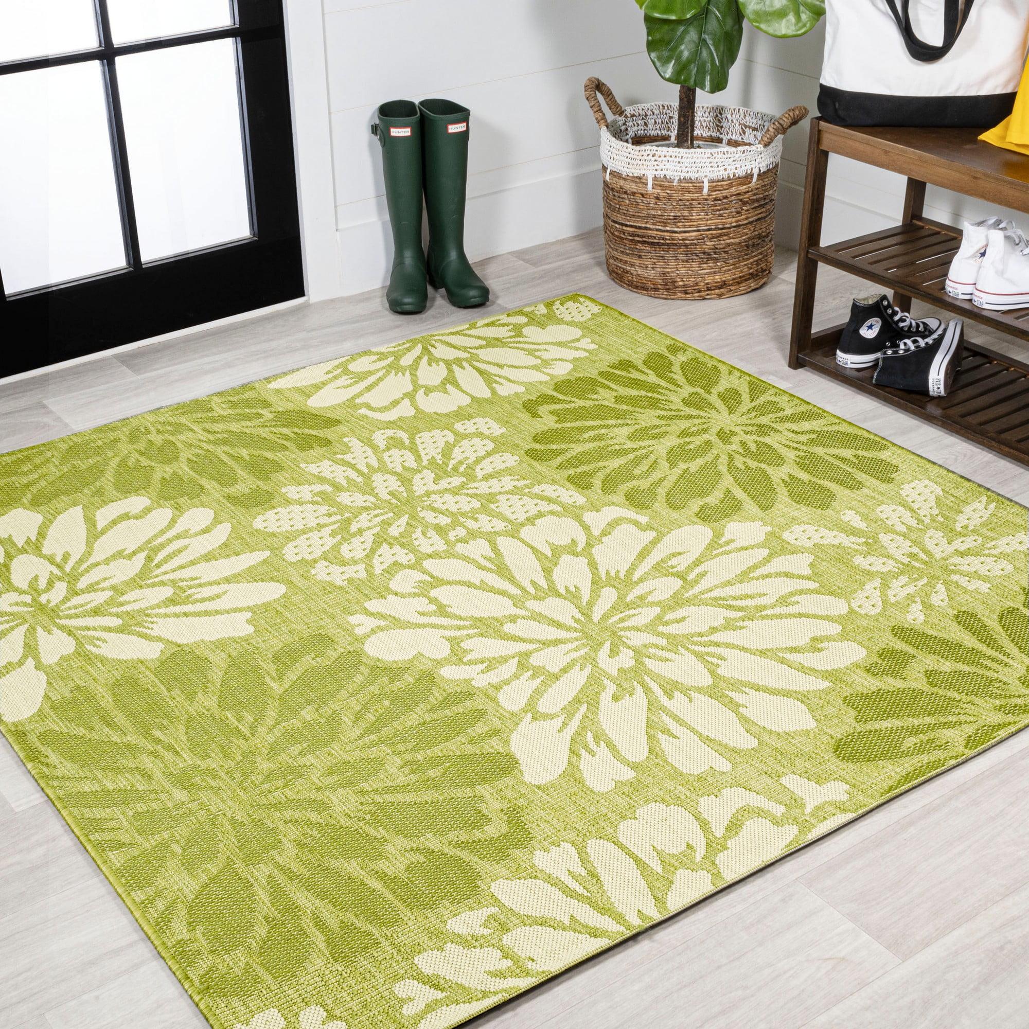 Sage Green and Cream Floral Flat Weave 5' Square Indoor/Outdoor Rug