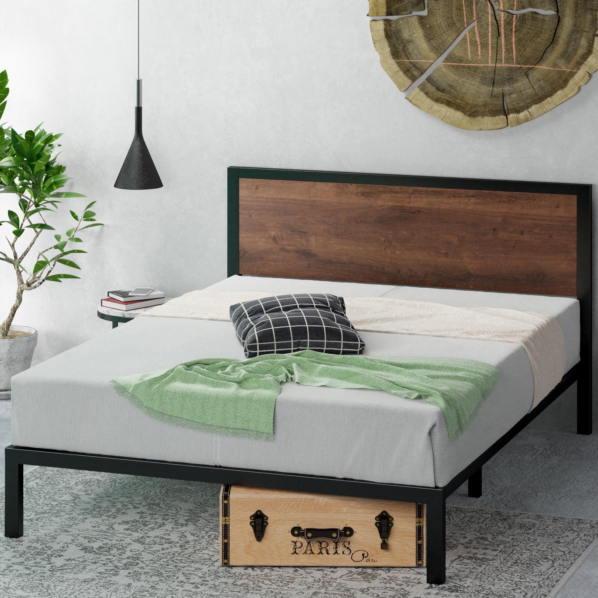 Full Black Metal Platform Bed Frame with Wood Headboard