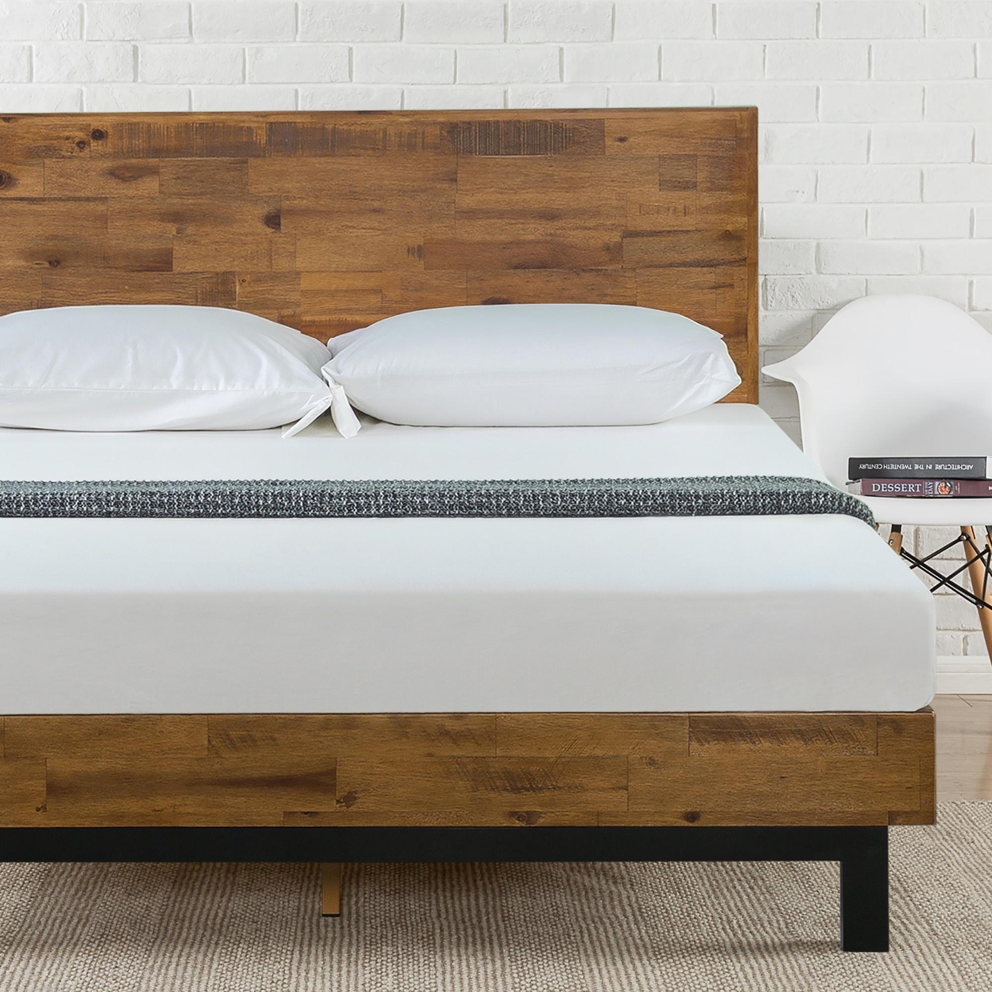 Full Size Rustic Wood Platform Bed Frame with Adjustable Headboard