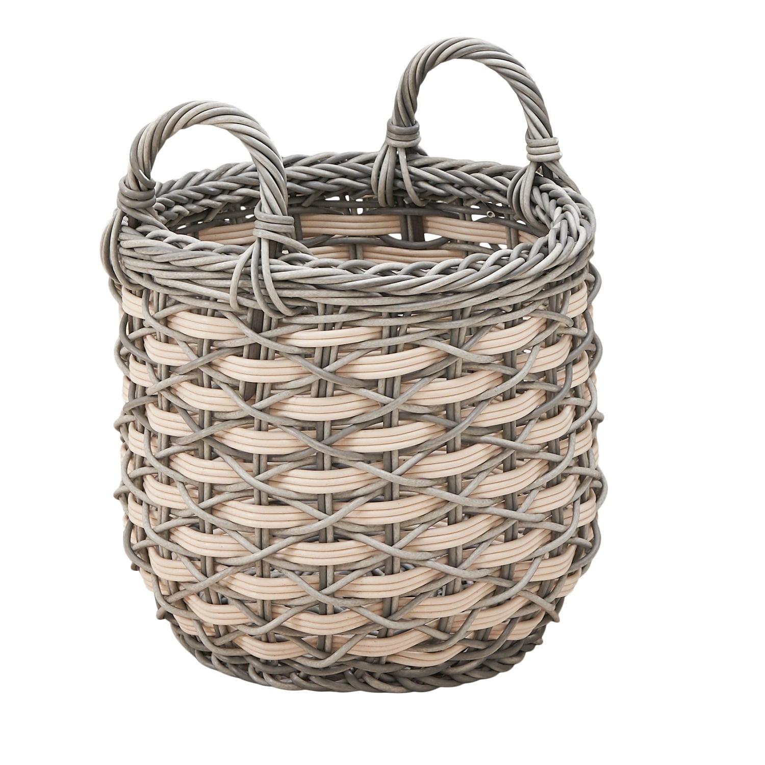 Solhome Zita Round Resin Woven Wicker Multi-Use Storage Basket with Handles 18" x 18" x 19.6" White Gray