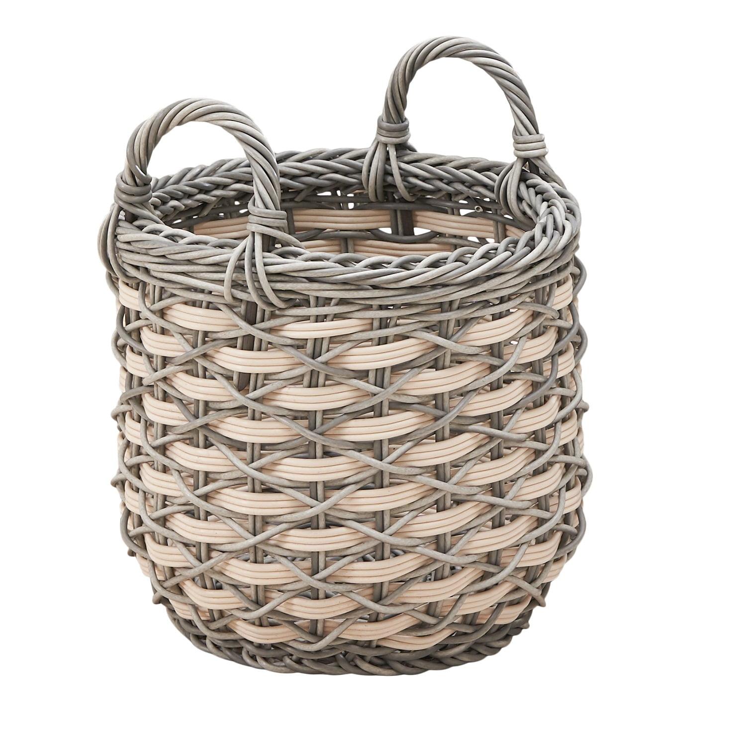 Solhome Zita Round Resin Woven Wicker Multi-Use Storage Basket with Handles 18" x 18" x 19.6" White Gray