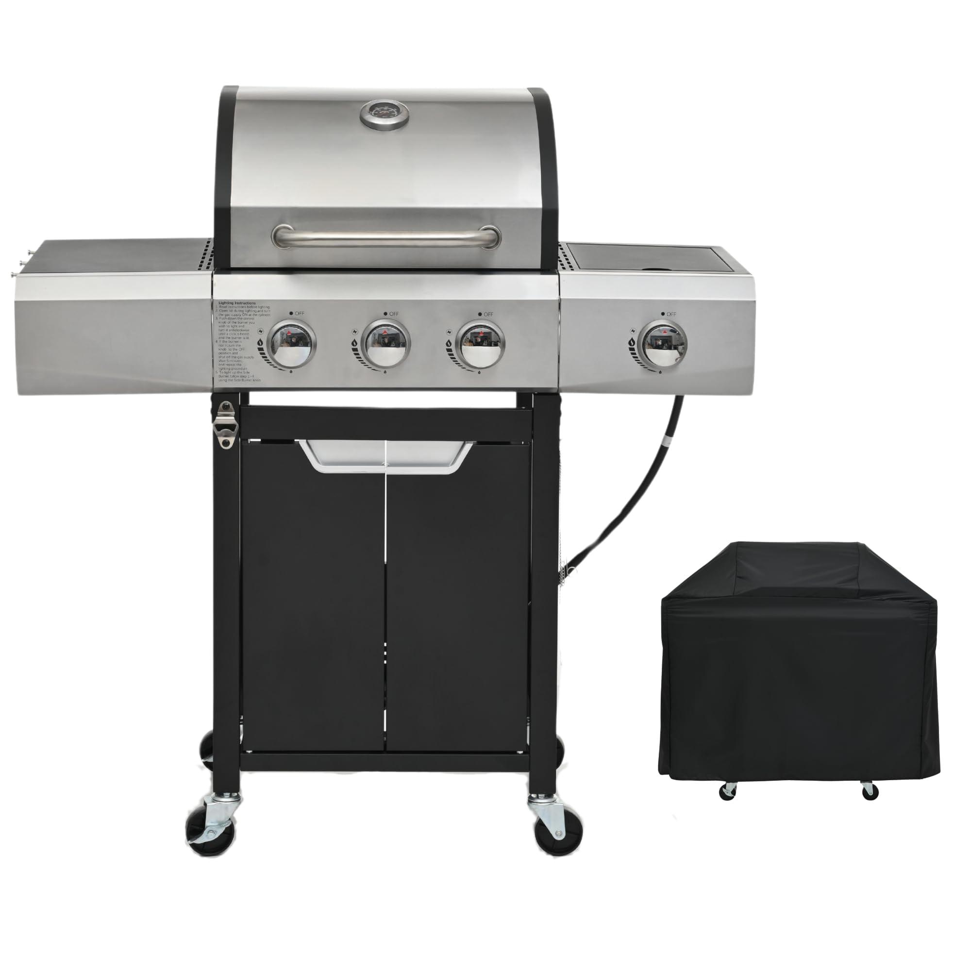 3-Burner Freestanding Open Cart Propane Gas Grill with Side Burner and Cover