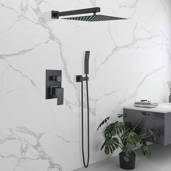 Zovajonia Matte Black Shower System 12 Inches Shower Faucet Set, Rain Shower Head with Handheld Spray Bathroom Wall Mount Shower Fixtures