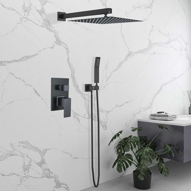 Zovajonia Matte Black Shower System 12 Inches Shower Faucet Set, Rain Shower Head with Handheld Spray Bathroom Wall Mount Shower Fixtures